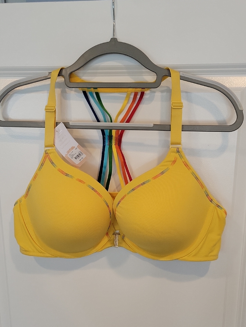 Cacique Front Clasp Rainbow Yellow Racerback Bra Size 42D NWT